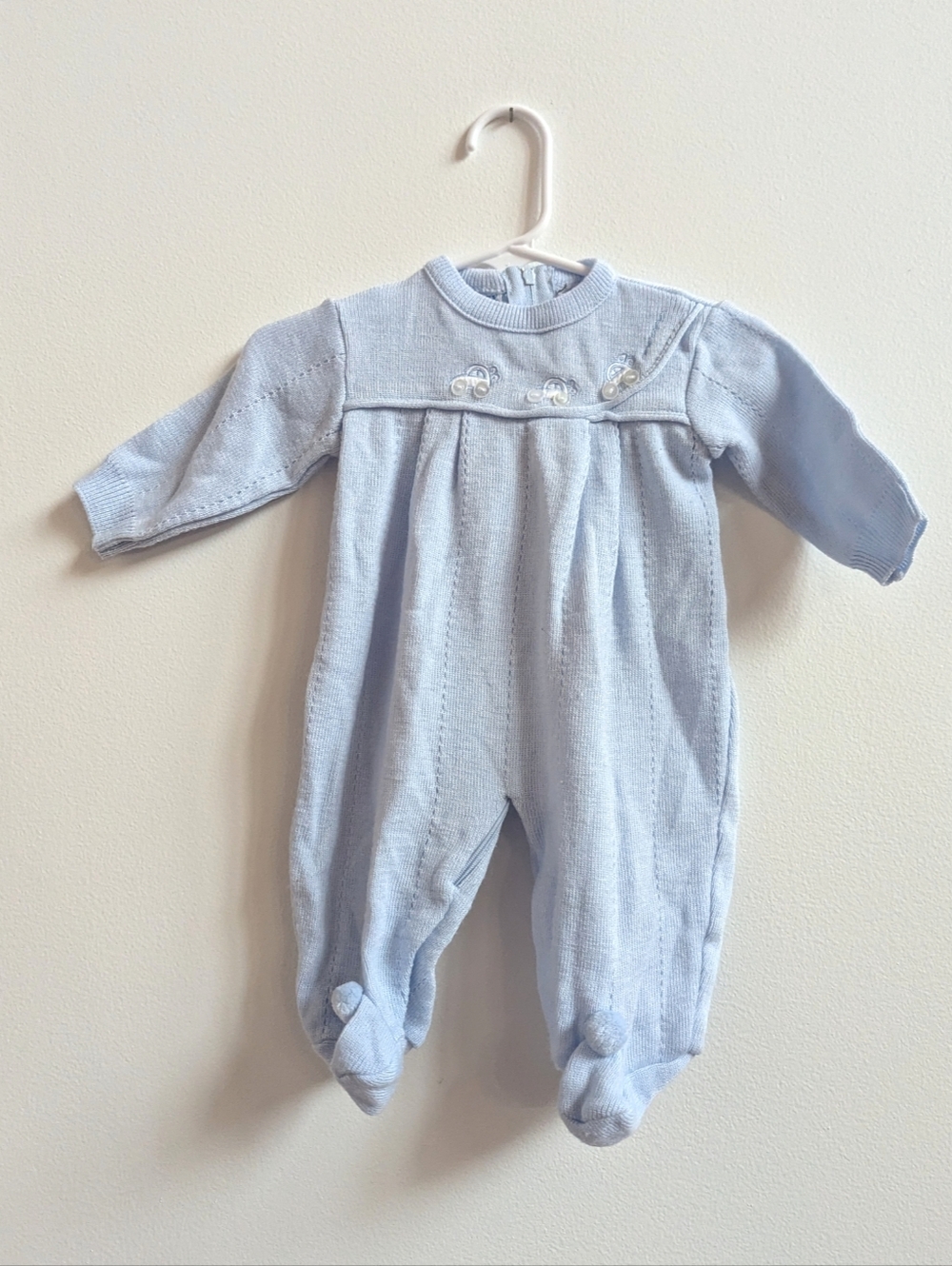 Vtg 90s Nursery Rhyme 3m Baby Blue Knit Footed Romper Cars